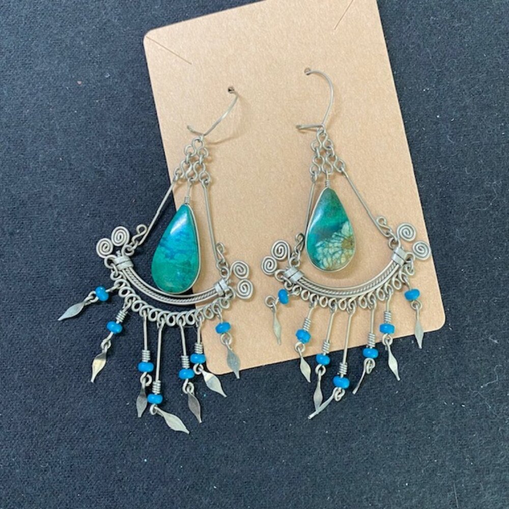 Dangling Earrings with Silver and Green Stone with Blue Beads